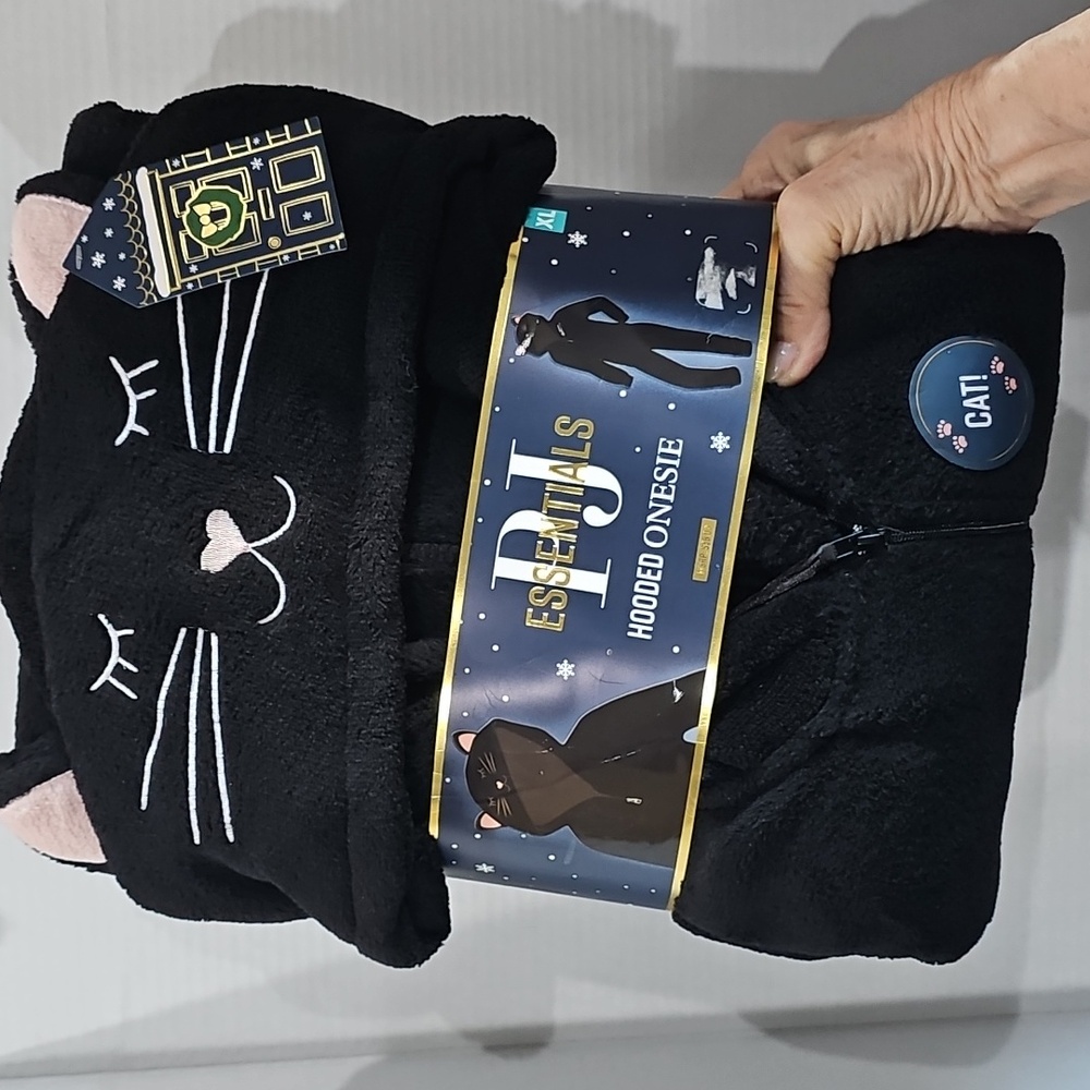 Furry Black CAT Hooded Zip Pajama Size L or XL New Adult ONESIE Gift for Her